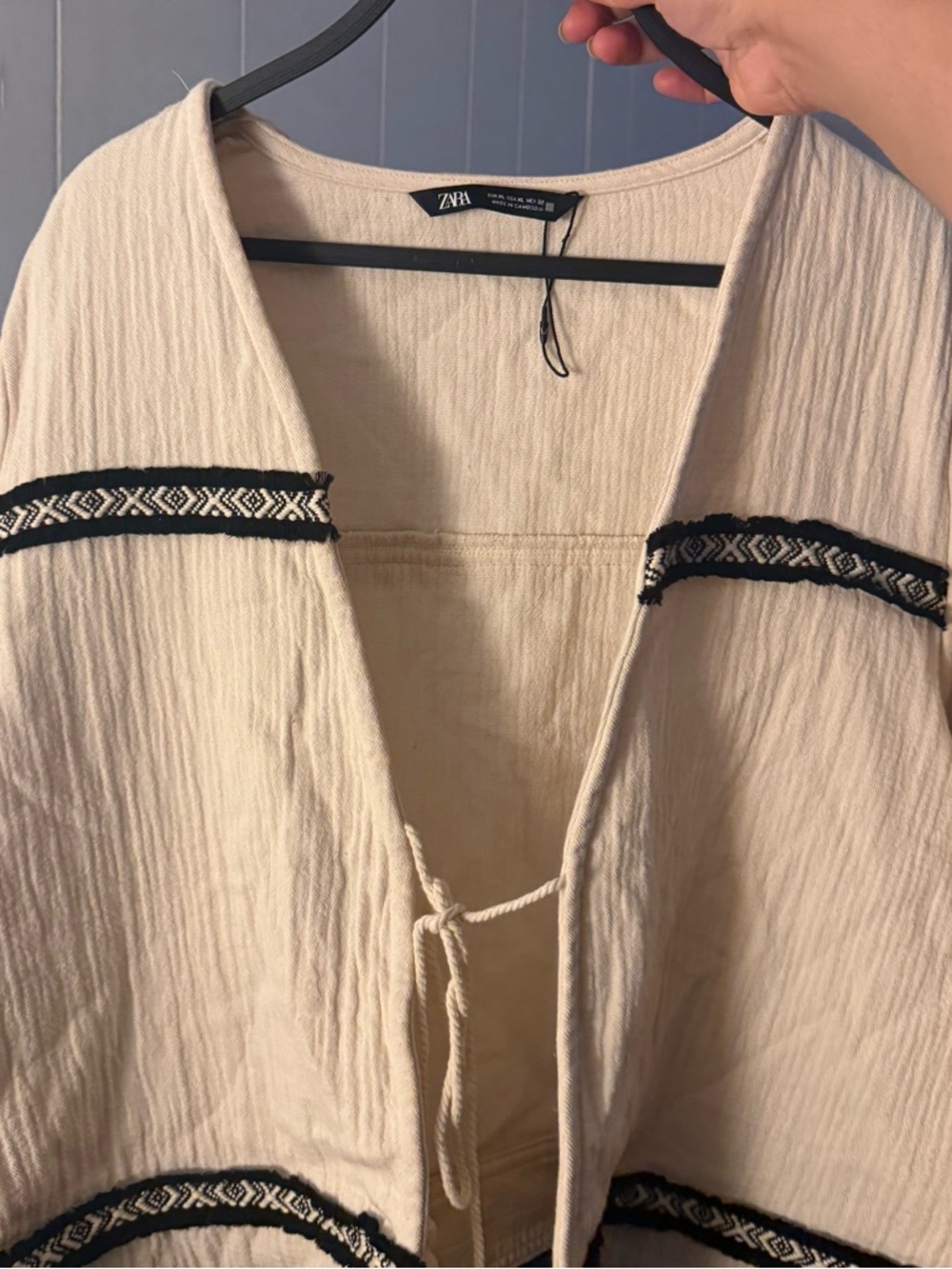 Zara Cream Open-Front Boho Cardigan with Black Trim